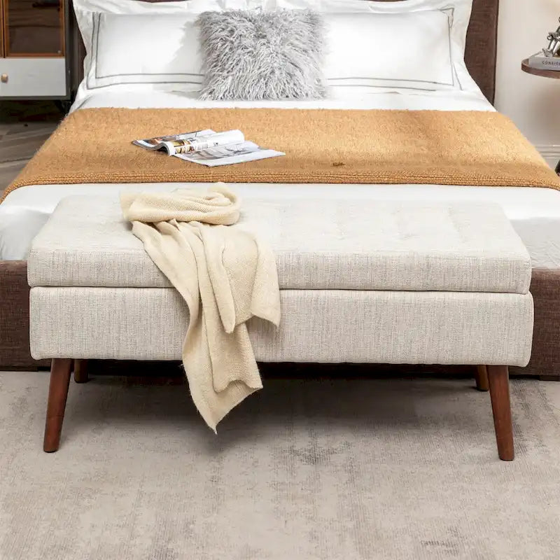 Upholstered Storage Bench with Hinged Lid and Wood Legs for Bedroom or Entryway