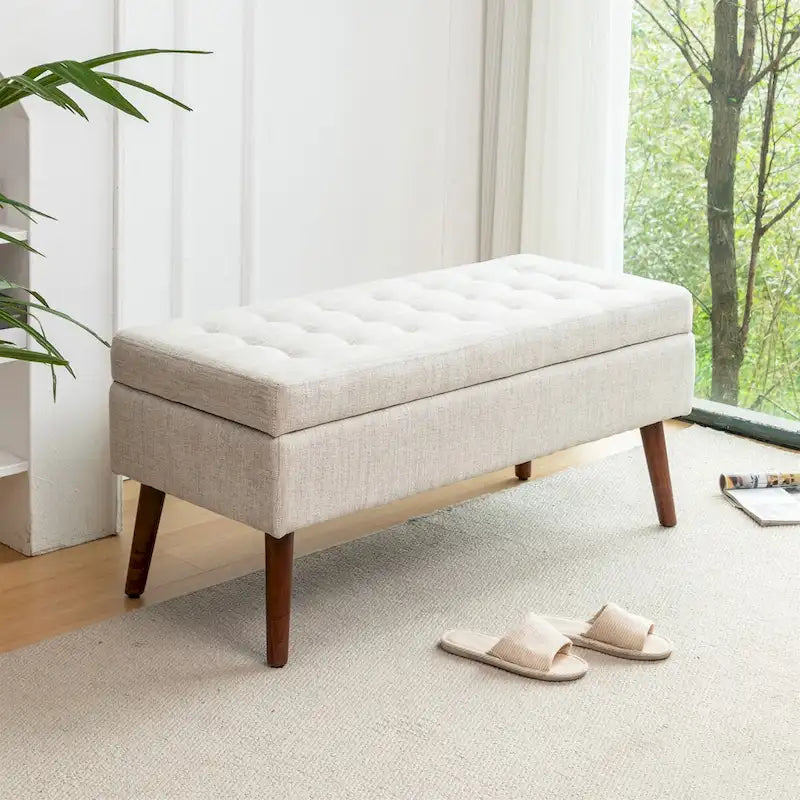 Upholstered Storage Bench with Hinged Lid and Wood Legs for Bedroom or Entryway