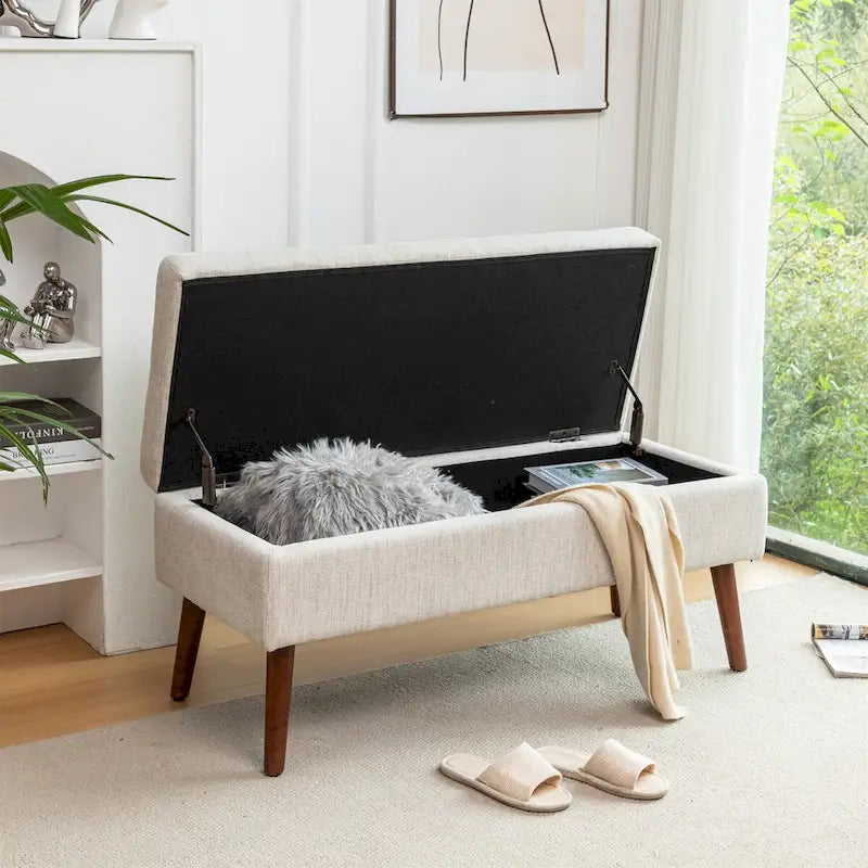 Upholstered Storage Bench with Hinged Lid and Wood Legs for Bedroom or Entryway