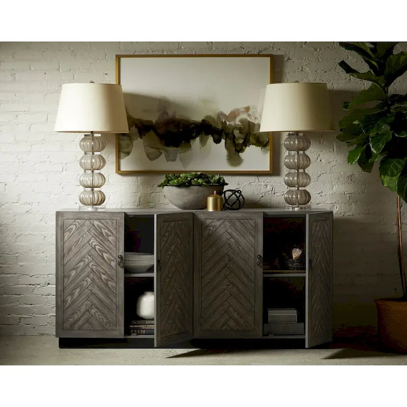 Rustic Grey Geometric 4-Door Console Cabinet with Storage for Entryway or Living Room