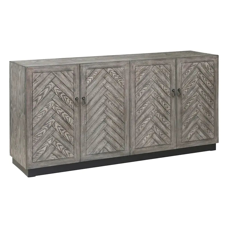 Rustic Grey Geometric 4-Door Console Cabinet with Storage for Entryway or Living Room