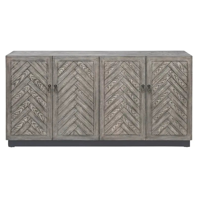 Rustic Grey Geometric 4-Door Console Cabinet with Storage for Entryway or Living Room