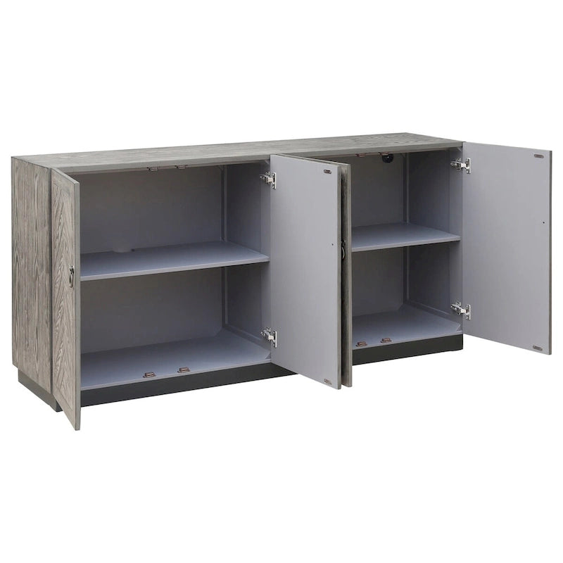 Rustic Grey Geometric 4-Door Console Cabinet with Storage for Entryway or Living Room