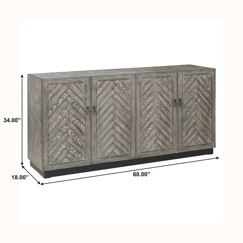 Rustic Grey Geometric 4-Door Console Cabinet with Storage for Entryway or Living Room