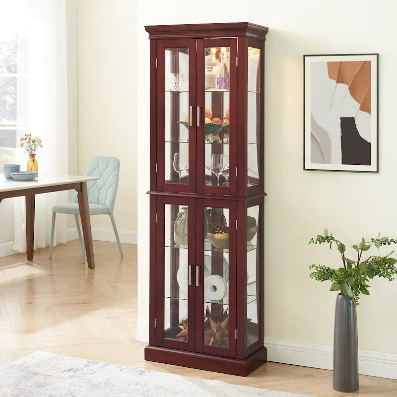 Vitrine éclairée, étagères réglables, panneau arrière miroir, portes en verre trempé (6 niveaux), ampoule E26 non incluse