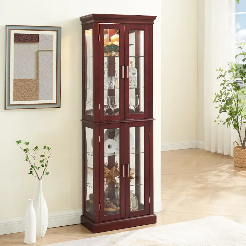 Vitrine éclairée, étagères réglables, panneau arrière miroir, portes en verre trempé (6 niveaux), ampoule E26 non incluse