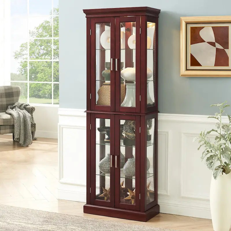 Vitrine éclairée, étagères réglables, panneau arrière miroir, portes en verre trempé (6 niveaux), ampoule E26 non incluse