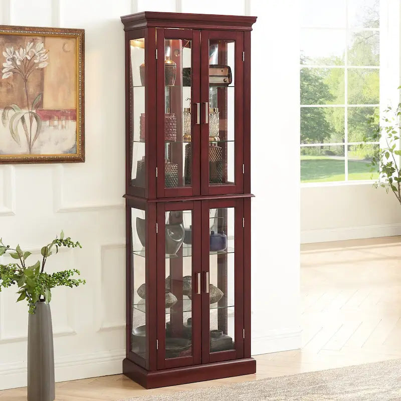 Vitrine éclairée, étagères réglables, panneau arrière miroir, portes en verre trempé (6 niveaux), ampoule E26 non incluse