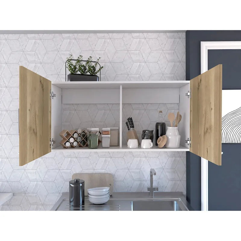 Wall Cabinet Two Shelves Double Door White Light Gray