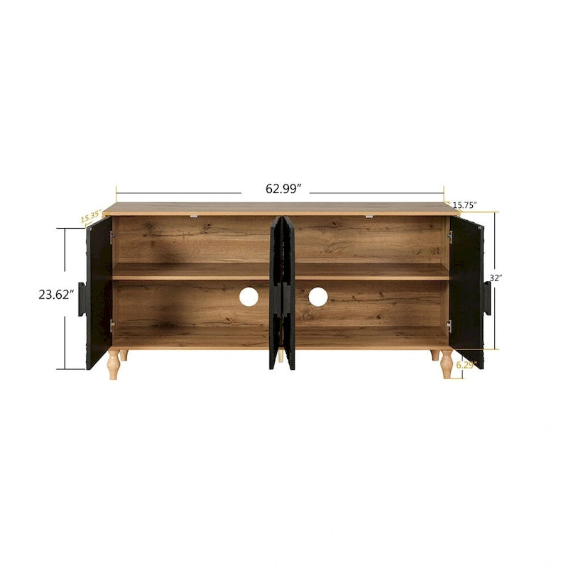 Tür mit schwarzem, geschnitztem symmetrischem Design und holzfarbenem Rahmen