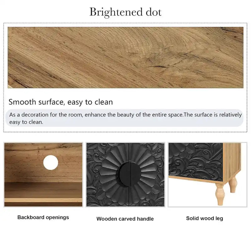 Tür mit schwarzem, geschnitztem symmetrischem Design und holzfarbenem Rahmen