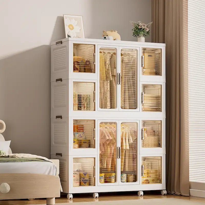 Dressing portable et organisateur de rangement pour vêtements, commode, 12 portes magnétiques, 12 compartiments et 2 tringles