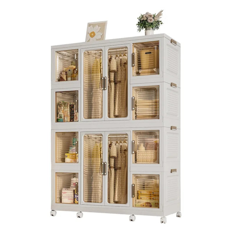 Dressing portable et organisateur de rangement pour vêtements, commode, 12 portes magnétiques, 12 compartiments et 2 tringles