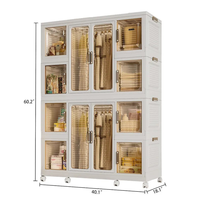 Dressing portable et organisateur de rangement pour vêtements, commode, 12 portes magnétiques, 12 compartiments et 2 tringles