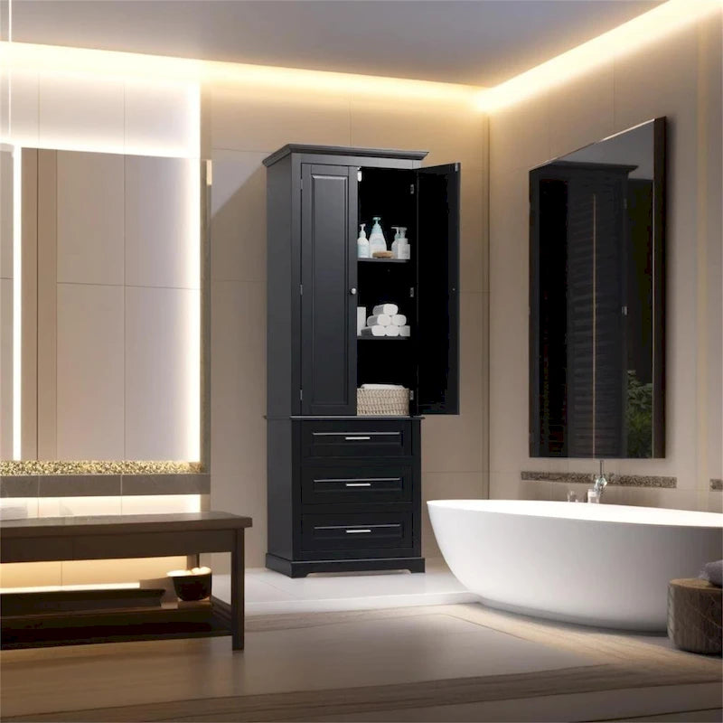 Tall Freestanding Storage Cabinet with Three Drawers and Adjustable Shelves for Home or Office