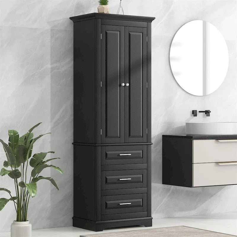 Tall Freestanding Storage Cabinet with Three Drawers and Adjustable Shelves for Home or Office