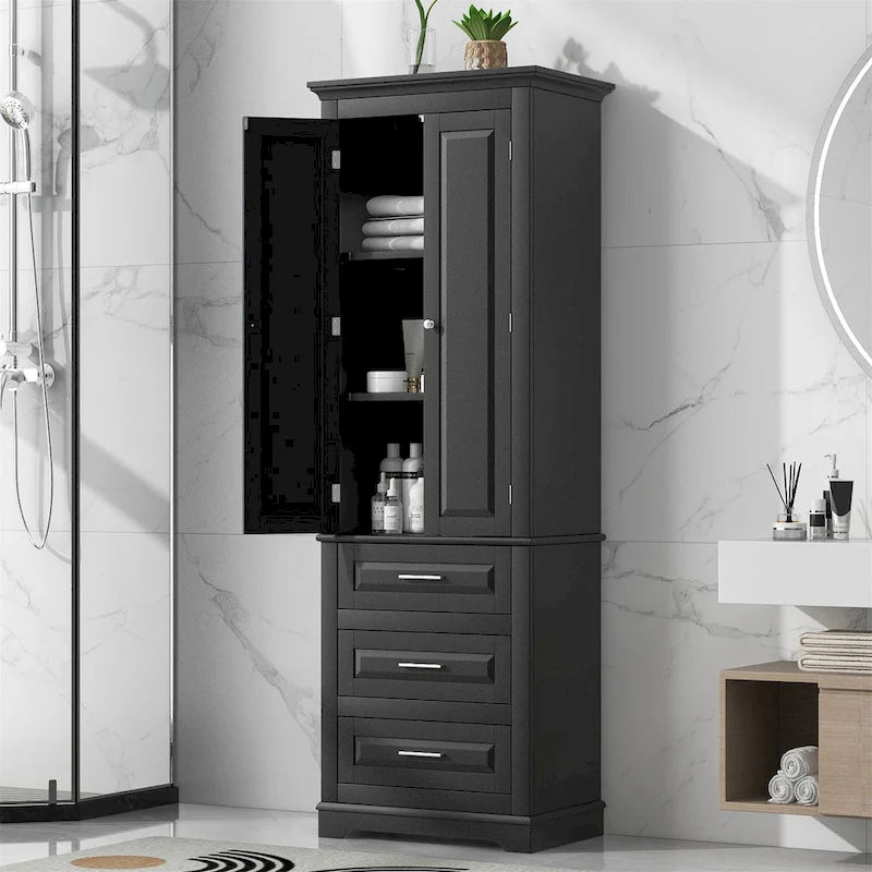 Tall Freestanding Storage Cabinet with Three Drawers and Adjustable Shelves for Home or Office