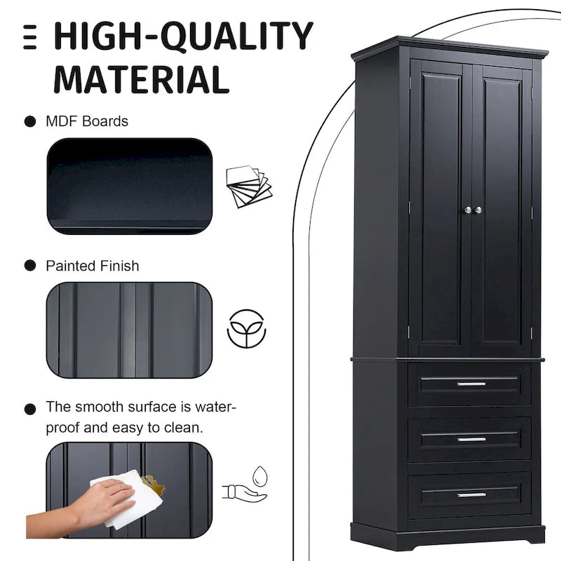 Tall Freestanding Storage Cabinet with Three Drawers and Adjustable Shelves for Home or Office