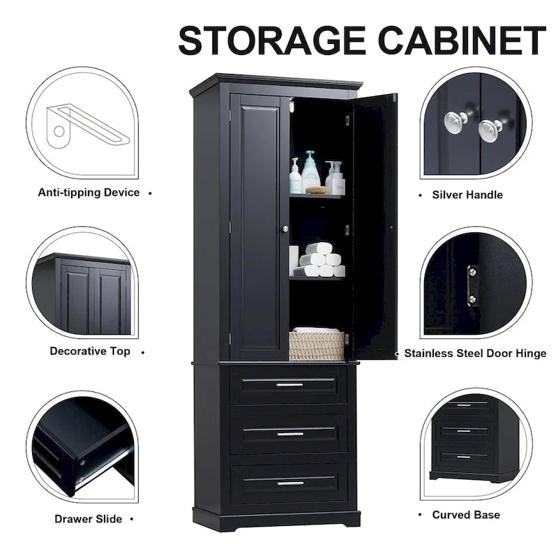 Tall Freestanding Storage Cabinet with Three Drawers and Adjustable Shelves for Home or Office