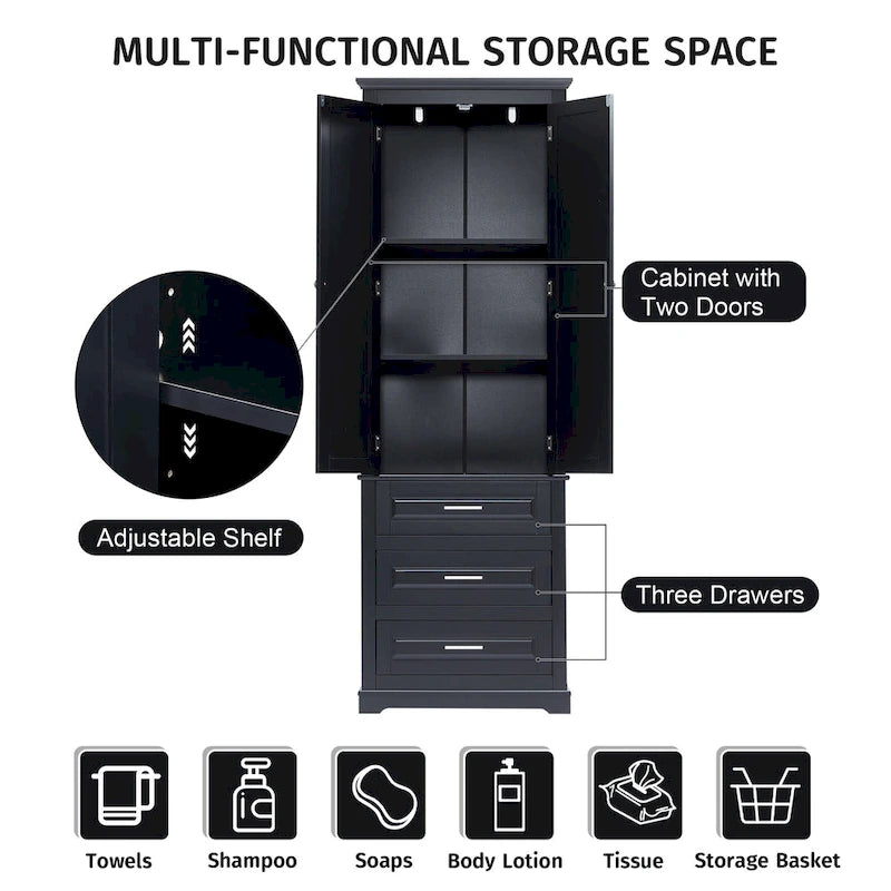 Tall Freestanding Storage Cabinet with Three Drawers and Adjustable Shelves for Home or Office