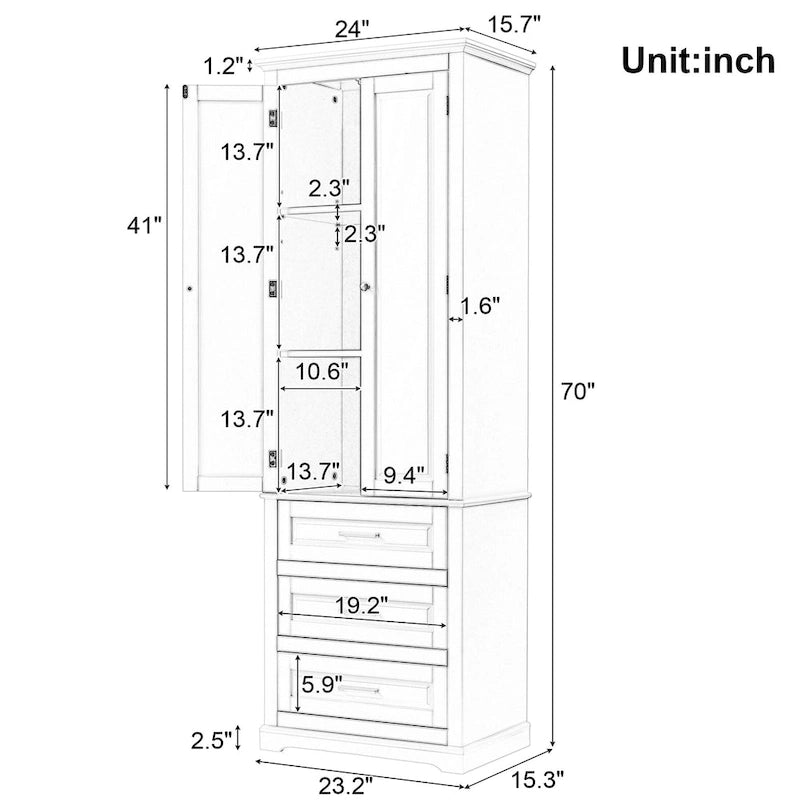 Tall Freestanding Storage Cabinet with Three Drawers and Adjustable Shelves for Home or Office