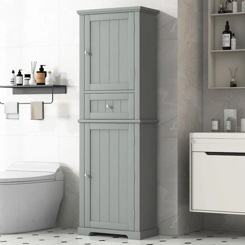Hoher Badezimmerschrank, freistehender Aufbewahrungsschrank mit Schublade und verstellbarem Regalboden, MDF-Platte mit lackierter Oberfläche