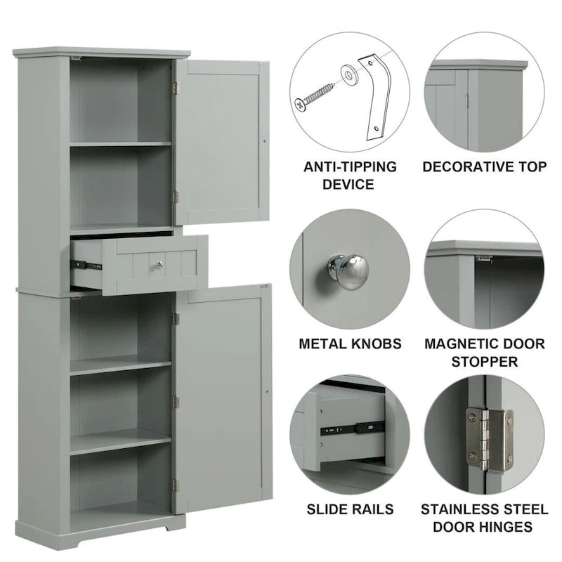 Hoher Badezimmerschrank, freistehender Aufbewahrungsschrank mit Schublade und verstellbarem Regalboden, MDF-Platte mit lackierter Oberfläche