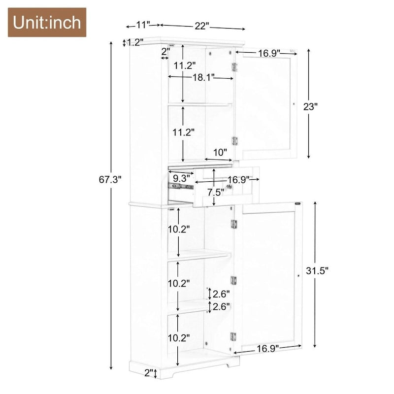 Hoher Badezimmerschrank, freistehender Aufbewahrungsschrank mit Schublade und verstellbarem Regalboden, MDF-Platte mit lackierter Oberfläche
