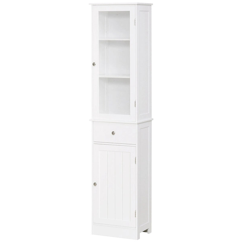 Meuble de rangement de salle de bains étroit, meuble de salle de bains haut, colonne à linge étroite avec porte en acrylique, tiroir et étagères