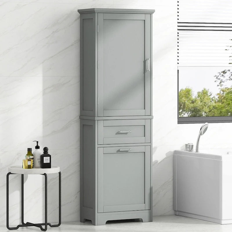 68Tall Bathroom Storage Cabinet, Freestanding Storage Cabinet with Two Different Size Drawers and Adjustable Shelf, MDF Board