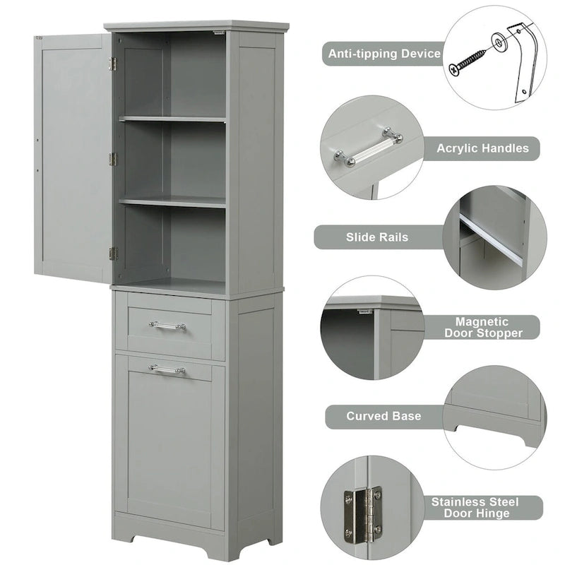 68Tall Bathroom Storage Cabinet, Freestanding Storage Cabinet with Two Different Size Drawers and Adjustable Shelf, MDF Board