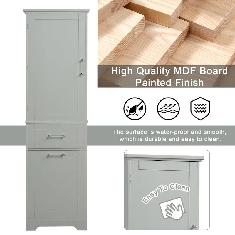 68Tall Bathroom Storage Cabinet, Freestanding Storage Cabinet with Two Different Size Drawers and Adjustable Shelf, MDF Board