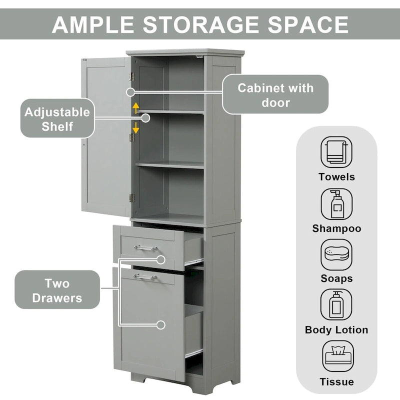 68Tall Bathroom Storage Cabinet, Freestanding Storage Cabinet with Two Different Size Drawers and Adjustable Shelf, MDF Board