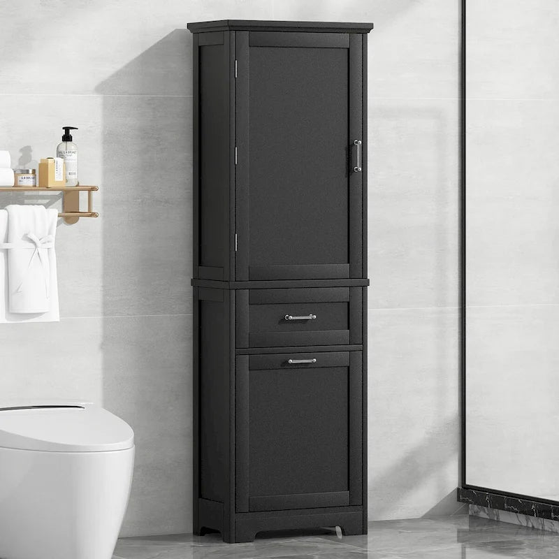 68Tall Bathroom Storage Cabinet, Freestanding Storage Cabinet with Two Different Size Drawers and Adjustable Shelf, MDF Board