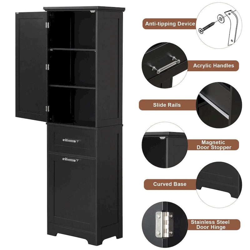 68Tall Bathroom Storage Cabinet, Freestanding Storage Cabinet with Two Different Size Drawers and Adjustable Shelf, MDF Board