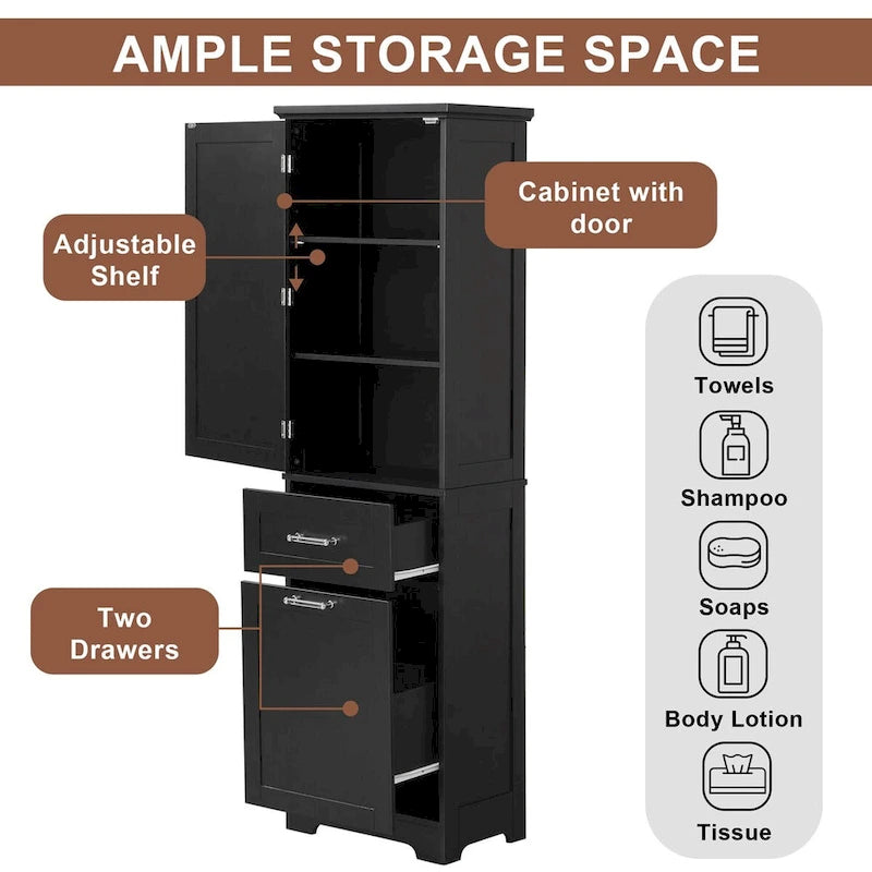 68Tall Bathroom Storage Cabinet, Freestanding Storage Cabinet with Two Different Size Drawers and Adjustable Shelf, MDF Board