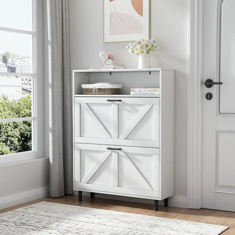 Schuhschrank mit Scheunentür-Design, Schuhorganizer mit 2 Klappschubladen, freistehender Schuhschrank mit offenem Stauraum