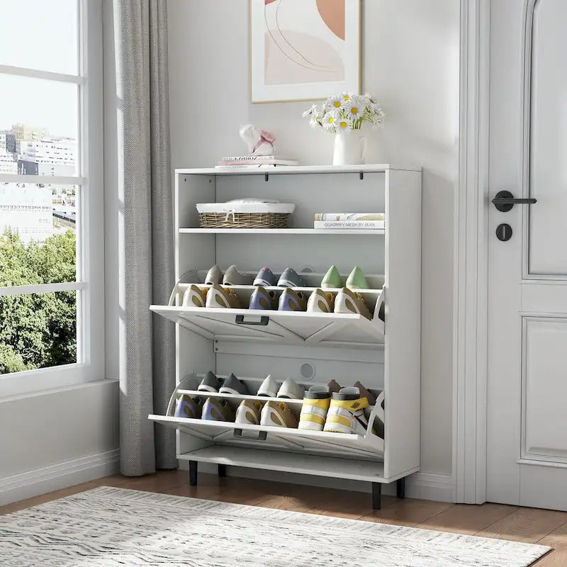 Schuhschrank mit Scheunentür-Design, Schuhorganizer mit 2 Klappschubladen, freistehender Schuhschrank mit offenem Stauraum