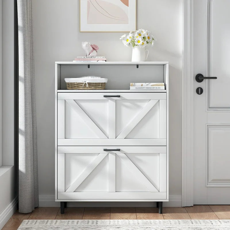 Shoe Storage Cabinet with Barn Door Design,Shoe Organizer with 2 Flip Drawers,Freestanding Shoe Rack Cabinet with Open Storage