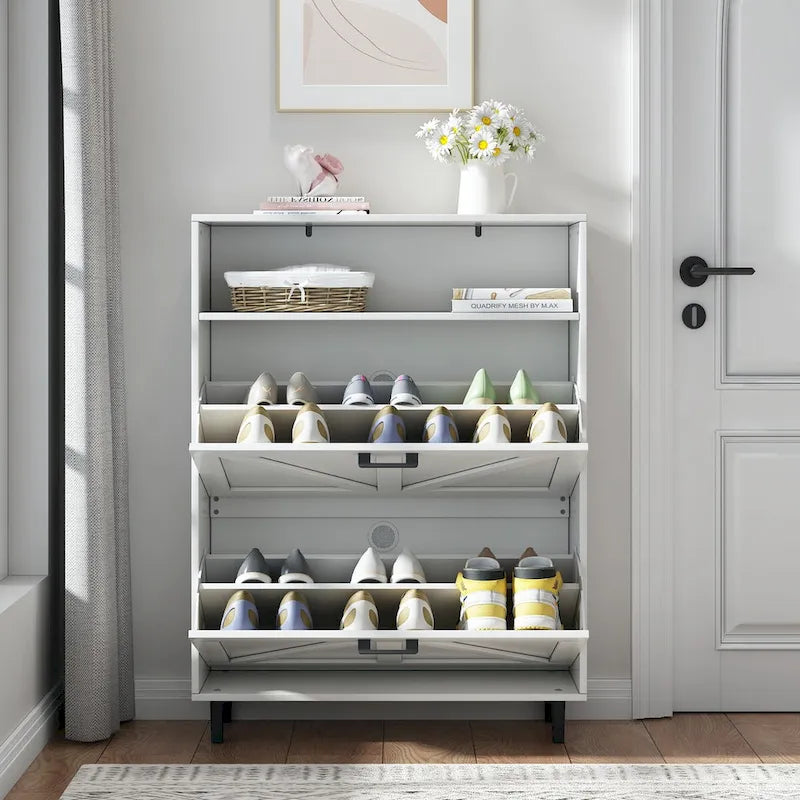 Schuhschrank mit Scheunentür-Design, Schuhorganizer mit 2 Klappschubladen, freistehender Schuhschrank mit offenem Stauraum