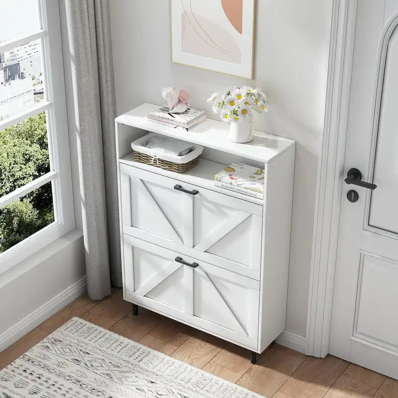 Schuhschrank mit Scheunentür-Design, Schuhorganizer mit 2 Klappschubladen, freistehender Schuhschrank mit offenem Stauraum