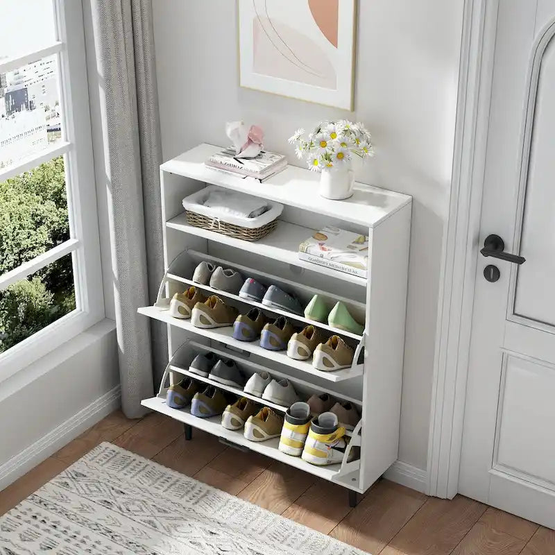 Schuhschrank mit Scheunentür-Design, Schuhorganizer mit 2 Klappschubladen, freistehender Schuhschrank mit offenem Stauraum