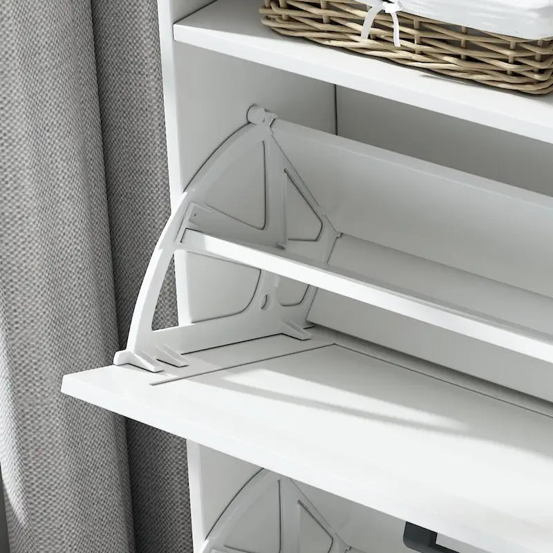 Schuhschrank mit Scheunentür-Design, Schuhorganizer mit 2 Klappschubladen, freistehender Schuhschrank mit offenem Stauraum