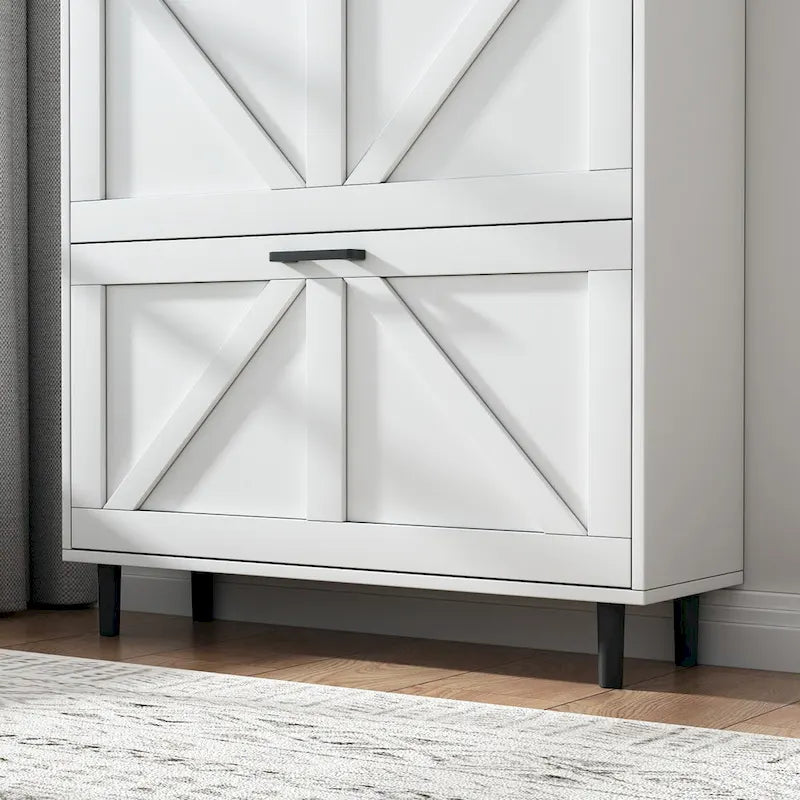 Schuhschrank mit Scheunentür-Design, Schuhorganizer mit 2 Klappschubladen, freistehender Schuhschrank mit offenem Stauraum