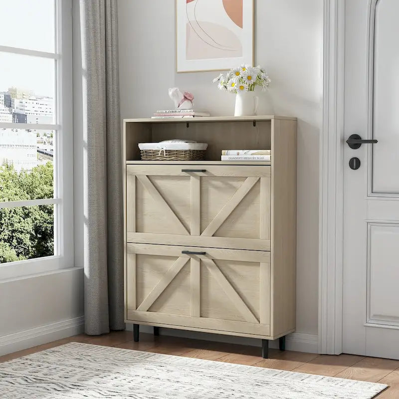 Schuhschrank mit Scheunentür-Design, Schuhorganizer mit 2 Klappschubladen, freistehender Schuhschrank mit offenem Stauraum
