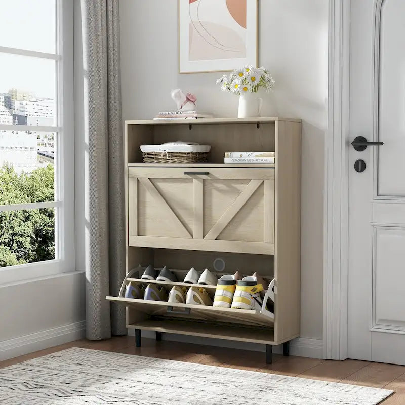 Schuhschrank mit Scheunentür-Design, Schuhorganizer mit 2 Klappschubladen, freistehender Schuhschrank mit offenem Stauraum