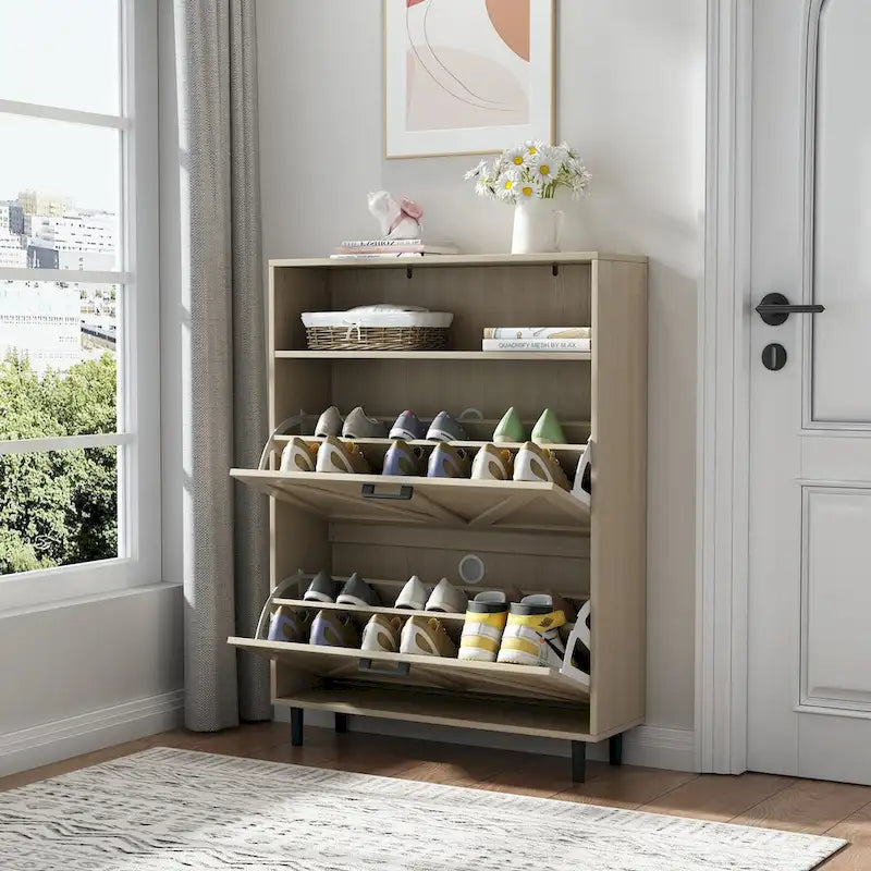 Schuhschrank mit Scheunentür-Design, Schuhorganizer mit 2 Klappschubladen, freistehender Schuhschrank mit offenem Stauraum