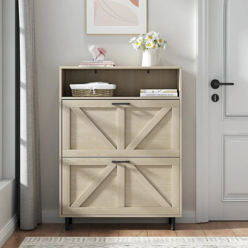 Schuhschrank mit Scheunentür-Design, Schuhorganizer mit 2 Klappschubladen, freistehender Schuhschrank mit offenem Stauraum
