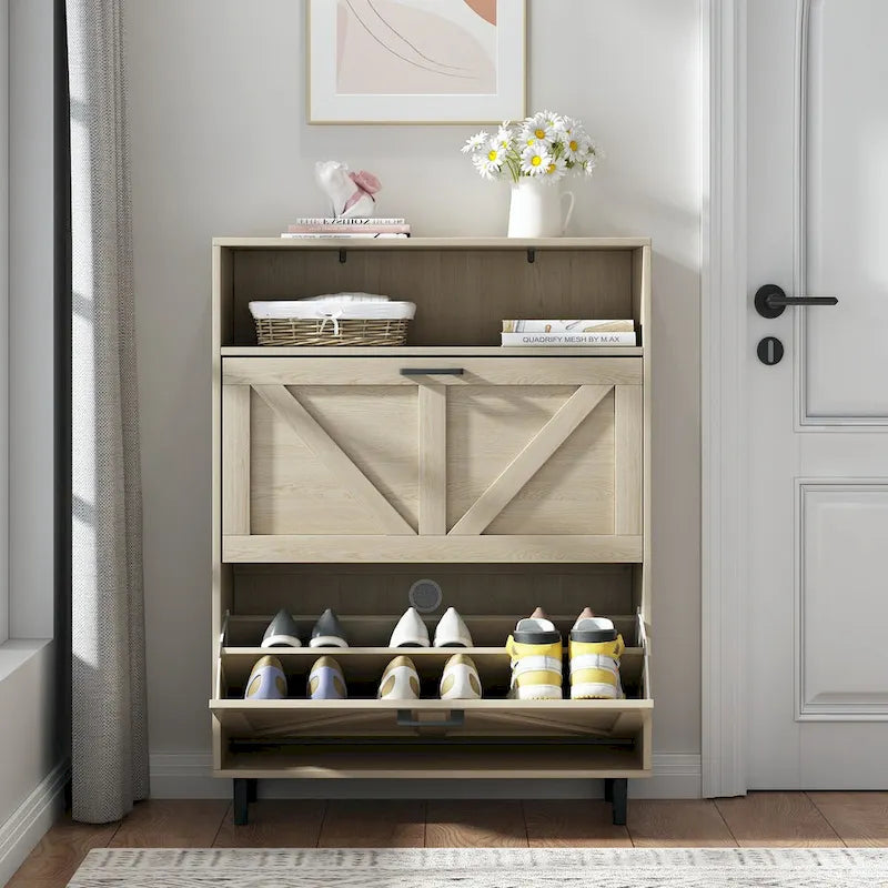 Schuhschrank mit Scheunentür-Design, Schuhorganizer mit 2 Klappschubladen, freistehender Schuhschrank mit offenem Stauraum