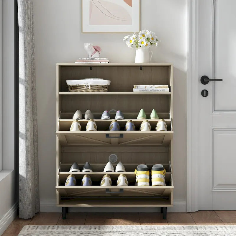 Schuhschrank mit Scheunentür-Design, Schuhorganizer mit 2 Klappschubladen, freistehender Schuhschrank mit offenem Stauraum